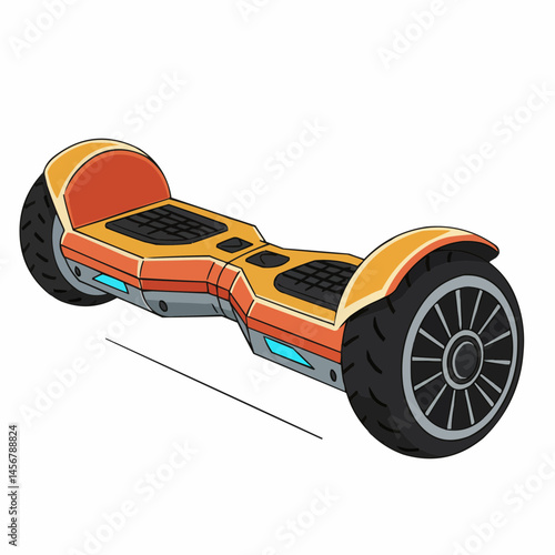 An orange and tan hoverboard is shown against a stark white background, close-up