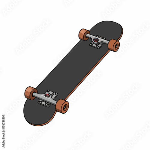 Angled black skateboard on white with orange wheels and silver trucks. Vector style