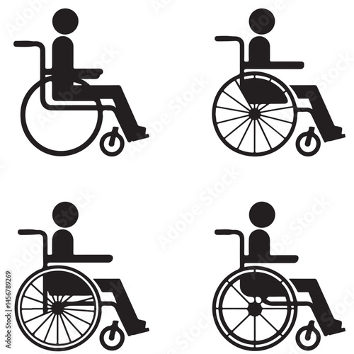 set of black Clean vector icon of a wheelchair silhouette