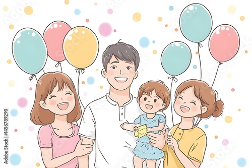 Beautiful children's drawing of a family congratulating their father and celebrating with balloons