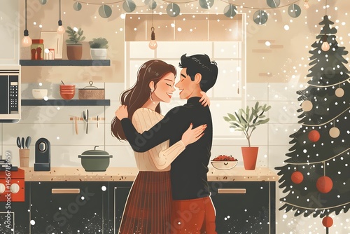 A young couple embraces joyfully in a stylish kitchen filled with holiday decorations. Snow falls outside as they share a warm moment near a decorated Christmas tree, creating a festive atmosphere