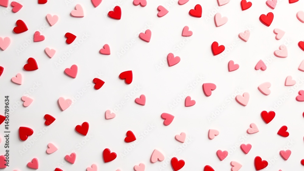 A white surface covered in pink and red hearts. A white surface covered in pink and red hearts.