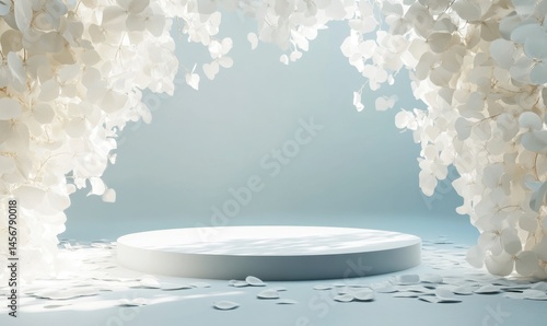 Elegant White Floral Archway with Circular Stage for Presentations