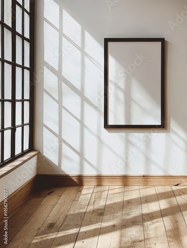 Wallpaper Mural Interior mockup with blank frame on wall and sunlight streaming through window in minimalist style room Torontodigital.ca