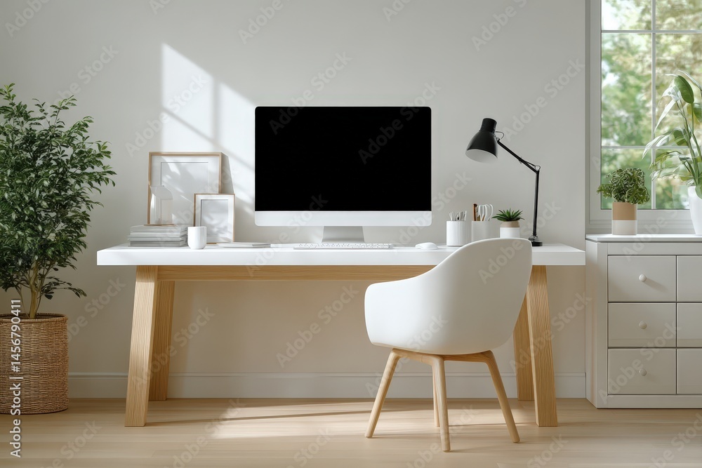 Minimalist home office with a wooden desk, computer, chair, potted plant, and daylight streaming through a window.