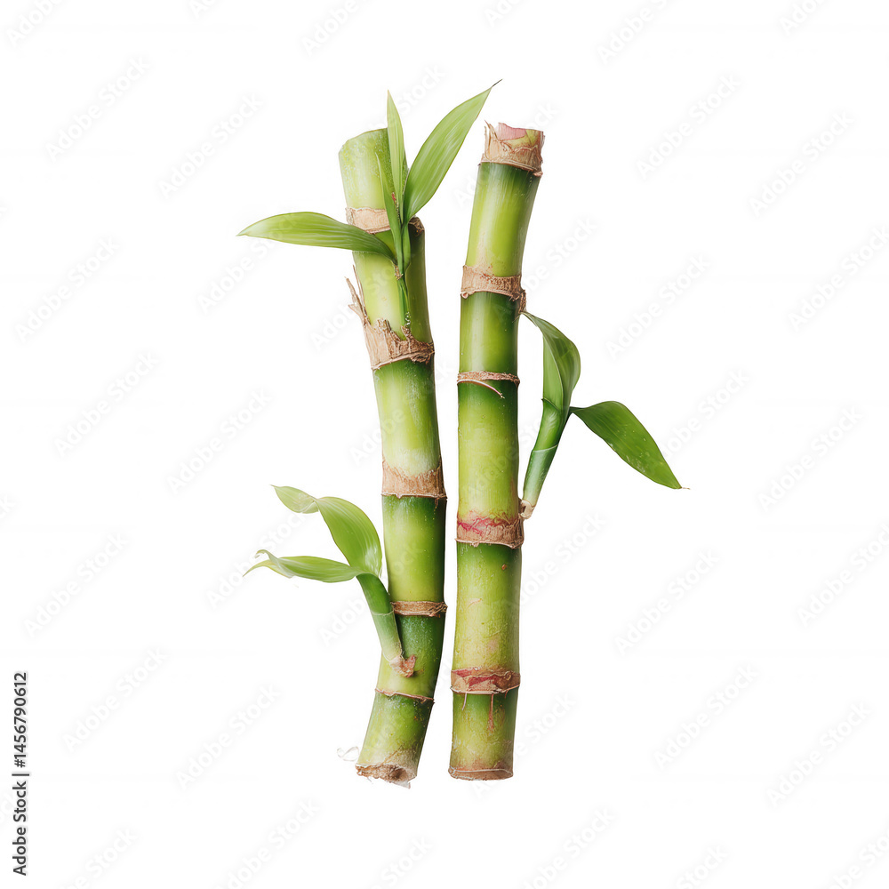 Fototapeta premium Two green bamboo stalks with fresh leaves on a white isolated background, symbolizing growth, resilience, and nature's beauty.