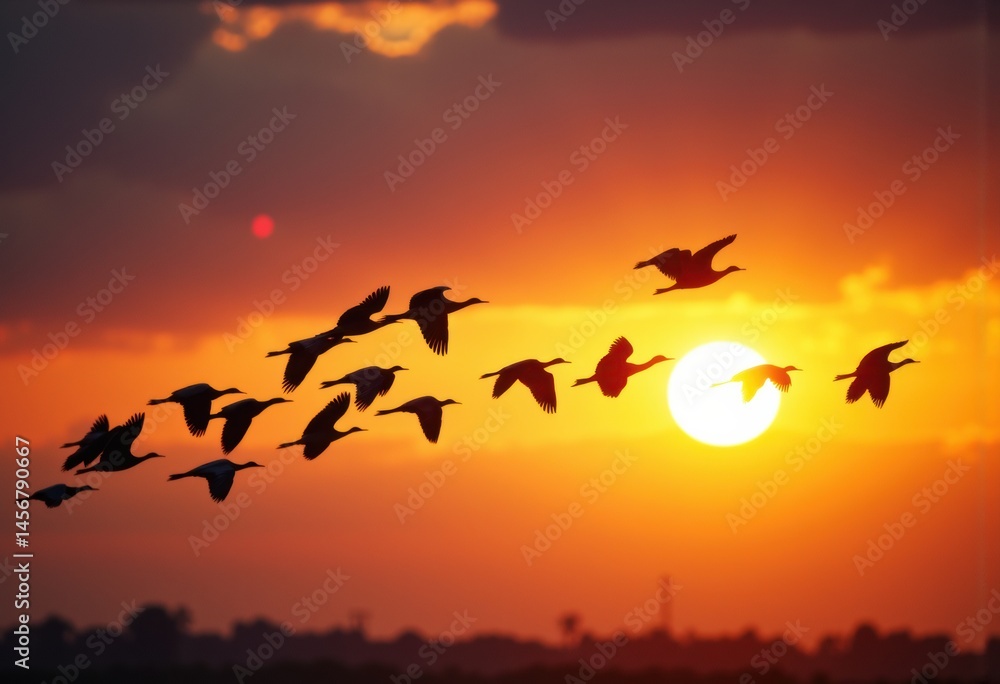 Obraz premium Flock of birds flying against a vibrant sunset backdrop