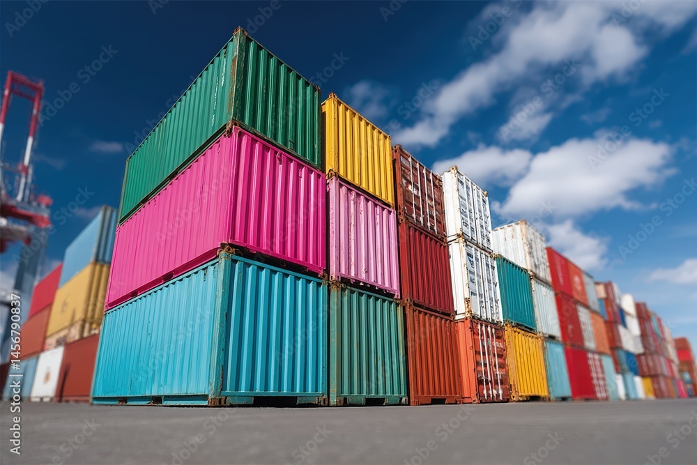 Colorful shipping containers are stacked high at a port under a bright blue sky with scattered clouds.