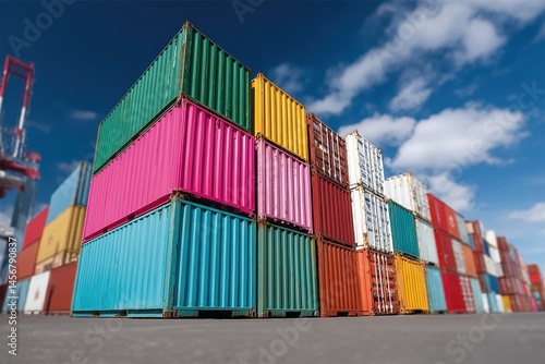 Obraz na płótnie Colorful shipping containers are stacked high at a port under a bright blue sky with scattered clouds. w salonie