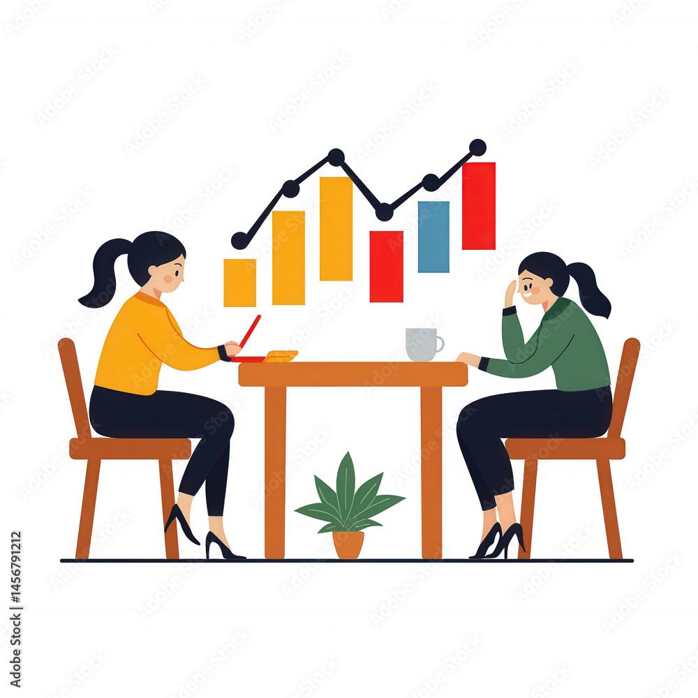 Fototapeta premium Two women collaborating at a table with charts and graphs, illustrating teamwork and financial strategy. A plant adds a touch of nature to the modern workspace.