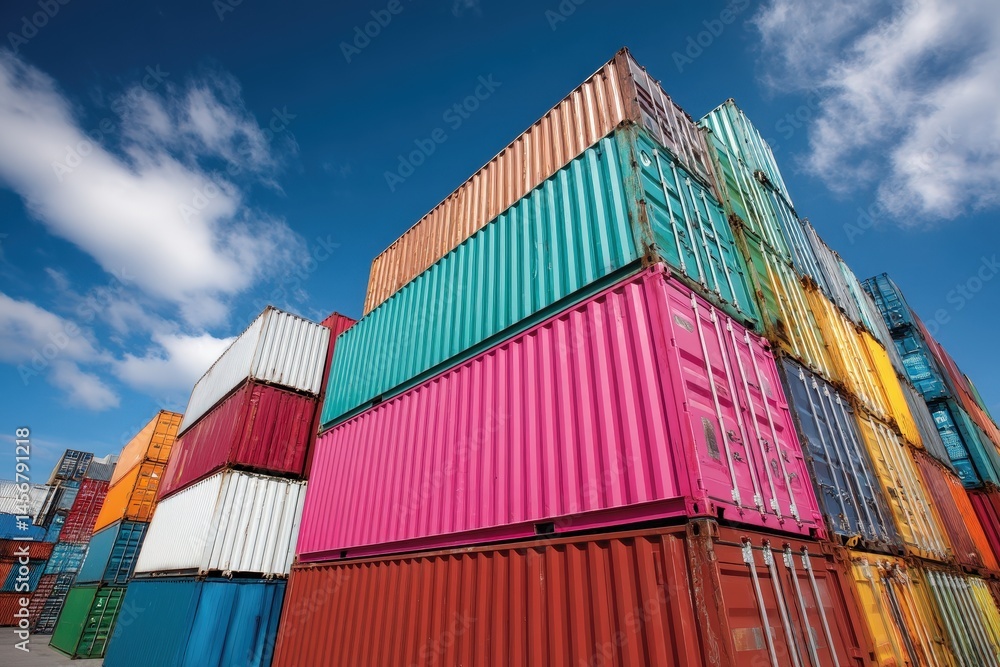 Colorful shipping containers stacked high under a bright blue sky with scattered clouds.