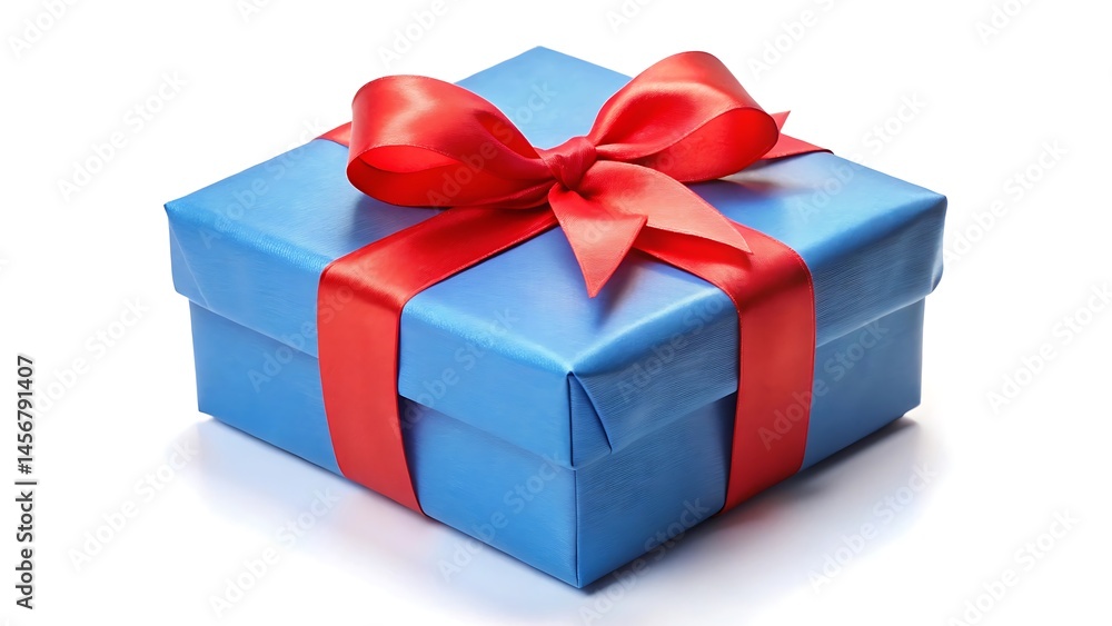 Blue Gift Box with Red Ribbon Holiday or birthday concept isolated on white background Blue Gift Box with Red Ribbon Holiday or birthday concept isolated on white background