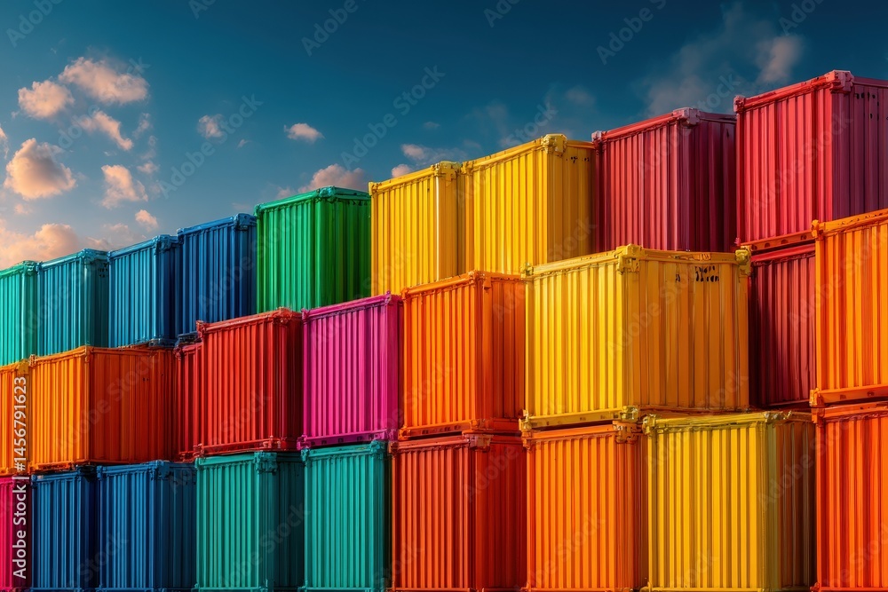Colorful shipping containers stacked in rows under a blue sky with scattered clouds.