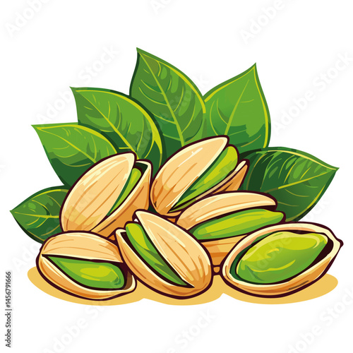 Pistachios with leaves color vector illustration. Arrangement of nuts on isolated background for packaging and design.