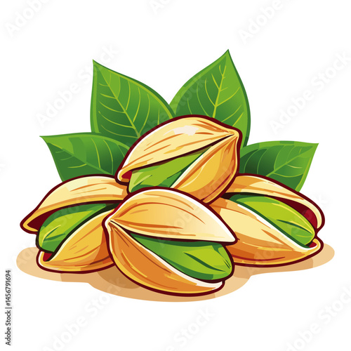 Pistachios with leaves color vector illustration. Arrangement of nuts on isolated background for packaging and design.