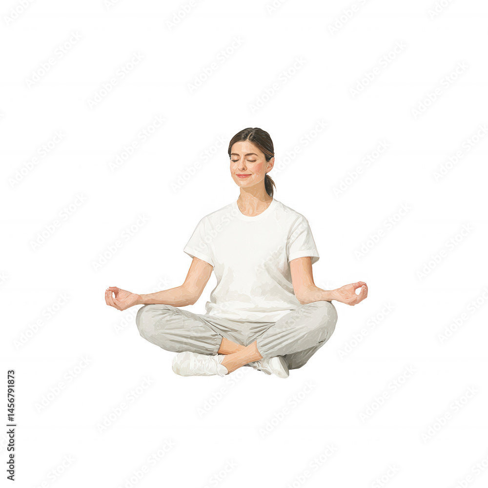 Woman sitting in a meditative pose with a calm expression, embodying tranquility and mindfulness. Perfect representation of inner peace and mental wellness. Woman sitting in a meditative pose with a calm expression, embodying tranquility and mindfulness. Perfect representation of inner peace and mental wellness.