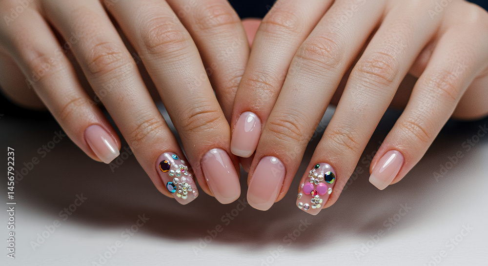 Close Up of Elegant Nude Nails with Pink and Crystal Accents on White Background Close Up of Elegant Nude Nails with Pink and Crystal Accents on White Background