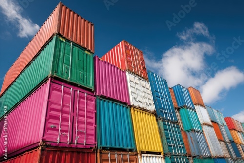 Colorful shipping containers stacked high under a blue sky with scattered clouds.