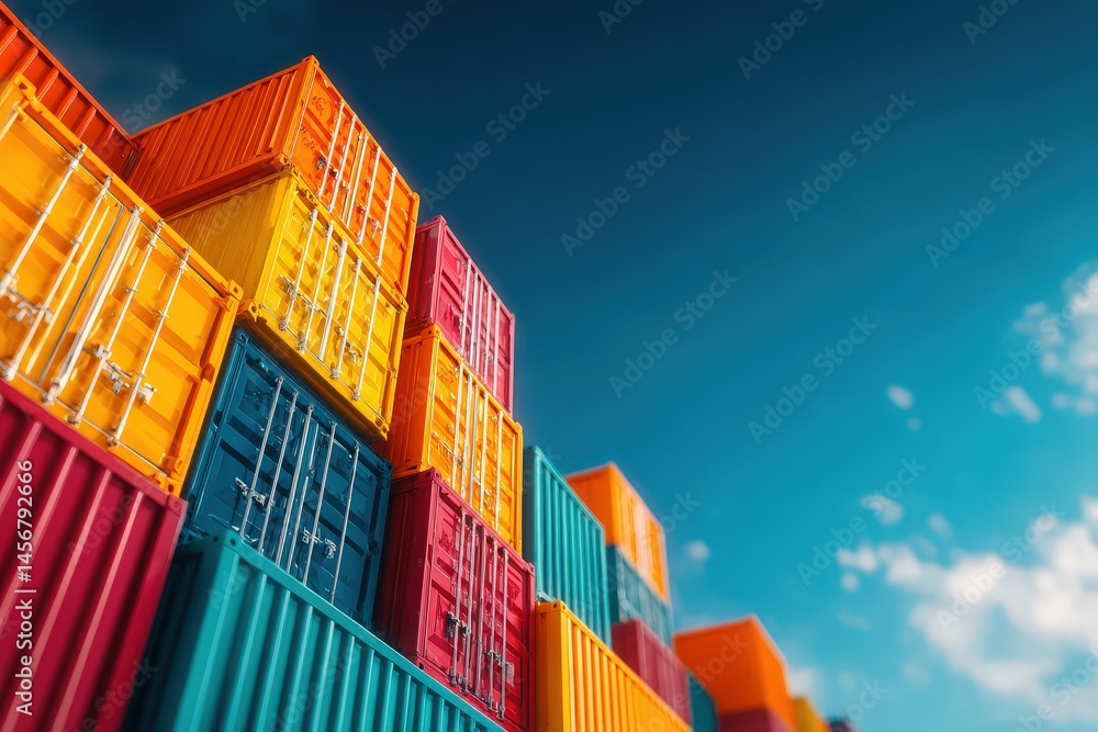 Colorful shipping containers stacked under a clear blue sky, illustrating logistics and global trade.