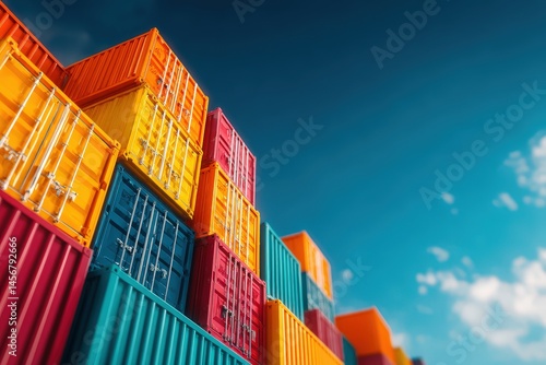 Obraz na płótnie Colorful shipping containers stacked under a clear blue sky, illustrating logistics and global trade. w salonie