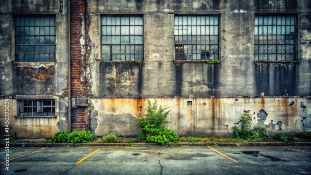 Fototapeta premium Weathered industrial building facade with overgrown vegetation and empty parking lot