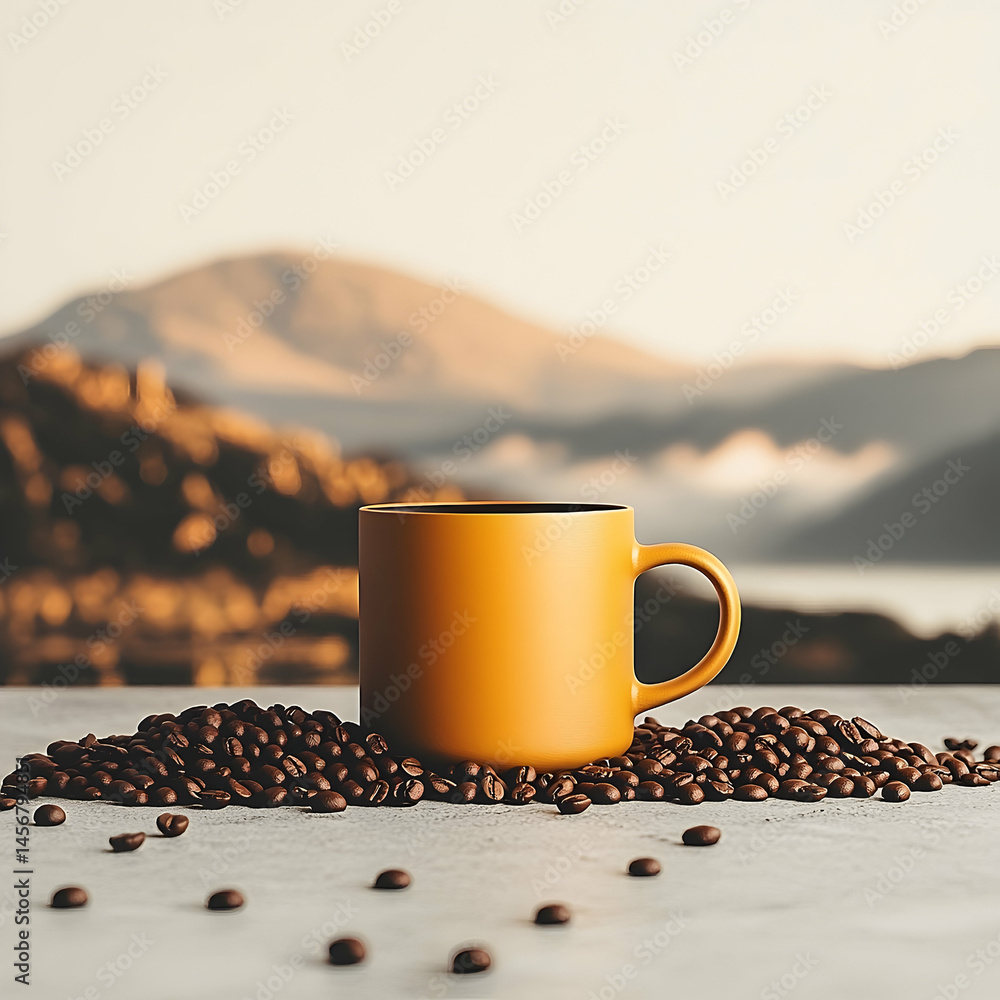 Naklejka premium Coffee mug with beans against a scenic background
