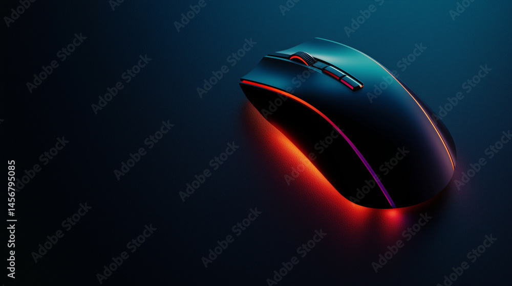 Modern gaming mouse with red LED lighting on a dark background. Modern gaming mouse with red LED lighting on a dark background.