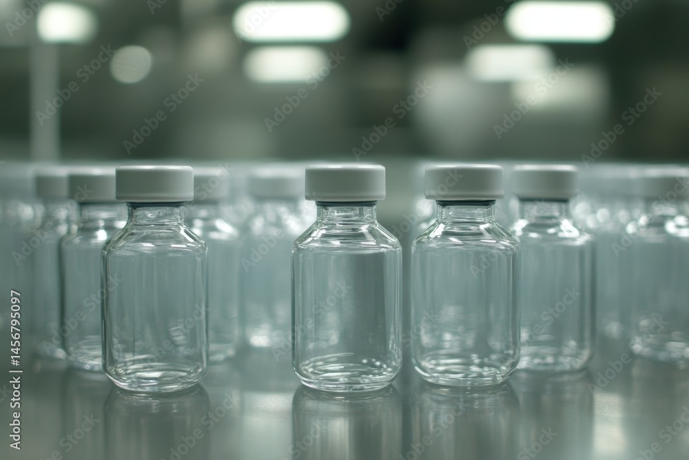 Row of Empty Vaccine Vials in Pharmaceutical Factory Sterile Environment Close Up Shot Medical Research and Development Row of Empty Vaccine Vials in Pharmaceutical Factory Sterile Environment Close Up Shot Medical Research and Development
