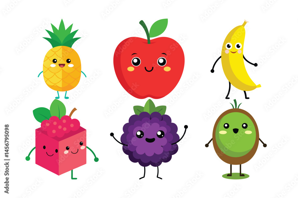 Fototapeta premium Funny cartoon fruits and vegetables are a cute and fun vector set of food characters illustration