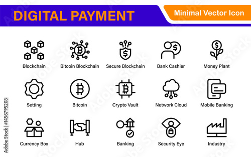 Finance and Technology Icon Collection – Professional Minimalist Line Vector Icons for Cryptocurrency, Mobile Banking, Digital Wallets, and Investments