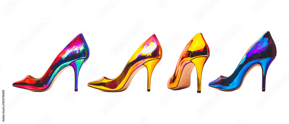 Obraz premium Set of Three Holographic Pointed Toe Heels Against Transparent Background