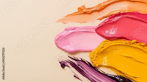 Colorful strokes of paint in vibrant hues create an artistic composition on a smooth surface, perfect for creative projects or design inspiration.