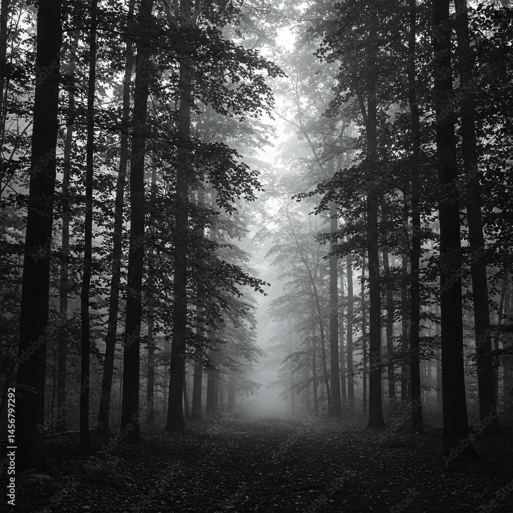 Fototapeta premium Monochrome image of a dense forest with tall trees disappearing into fog. Dark, atmospheric, and slightly mysterious.