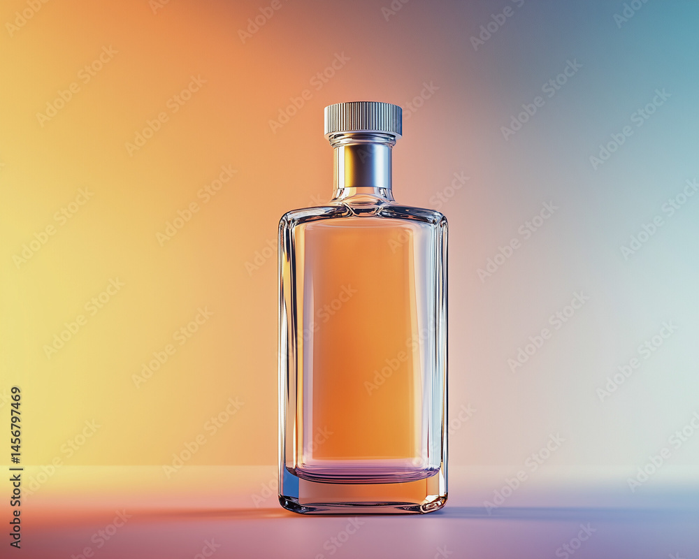 A modern, minimalistic clear glass bottle with silver cap placed on a soft gradient background with professional lighting and plenty of copy space A modern, minimalistic clear glass bottle with silver cap placed on a soft gradient background with professional lighting and plenty of copy space