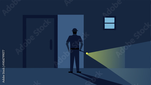 Guard on Patrol A silhouette of a guard walking along the cell block holding a flashlight. The light beam illuminates a closed cell door revealing faint textures on the door.