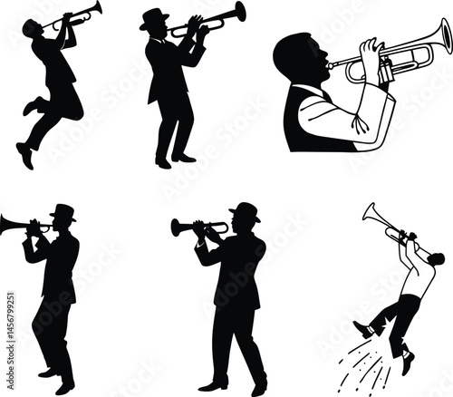 Trumpet player silhouette, iconic jazz art illustration.