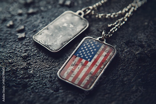 Close up image of two dog tags with american flag print and chain detail.