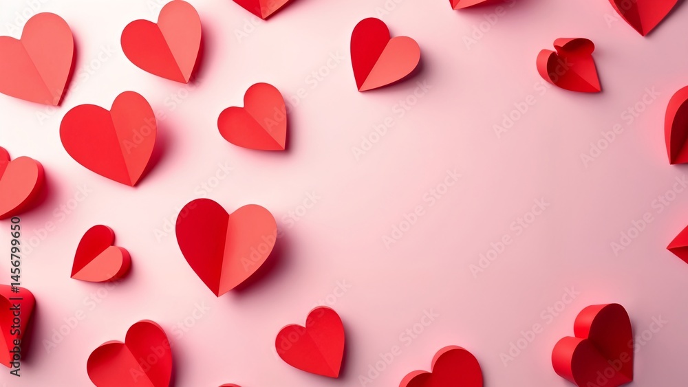 Obraz premium A bunch of red paper hearts on a pink background.