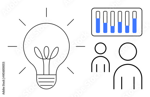 Light bulb with plant sprout symbolizing growth, two team members, and bar chart with data. Ideal for creativity, teamwork, innovation, collaboration, growth, analytics simple landing page