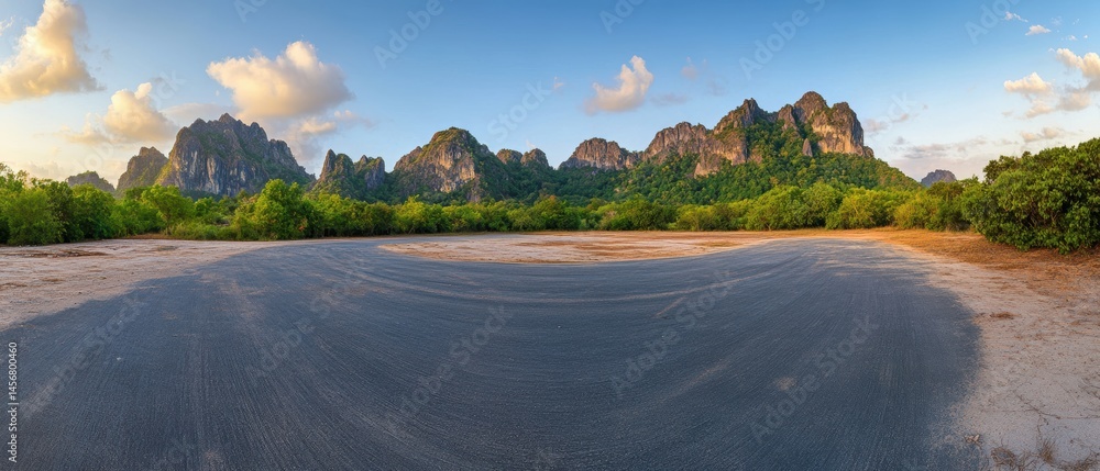 Fototapeta premium Panoramic view of Khao Sam Roi Yot mountains and road in Thailand at sunset; wide angle landscape shot of nature park