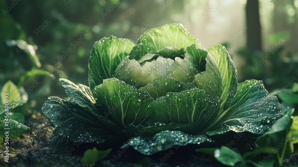 Fototapeta premium Fresh, vibrant green cabbage in a lush forest setting, glistening with morning dew