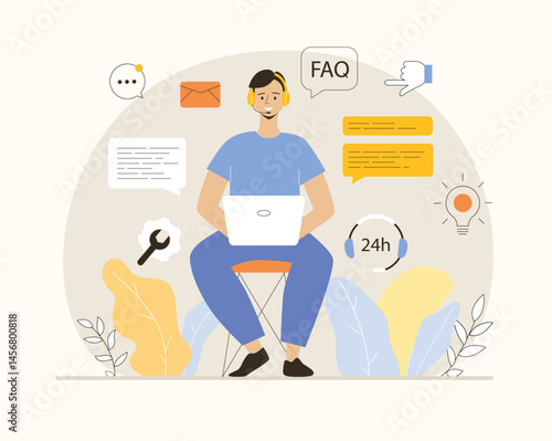 Call center web concept. Man working as virtual assistant, answering customer calling and solving clients problem online.  Flat vector illustration.	
