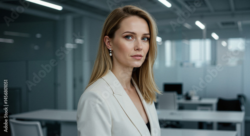 Confident businesswoman posing in modern office background  