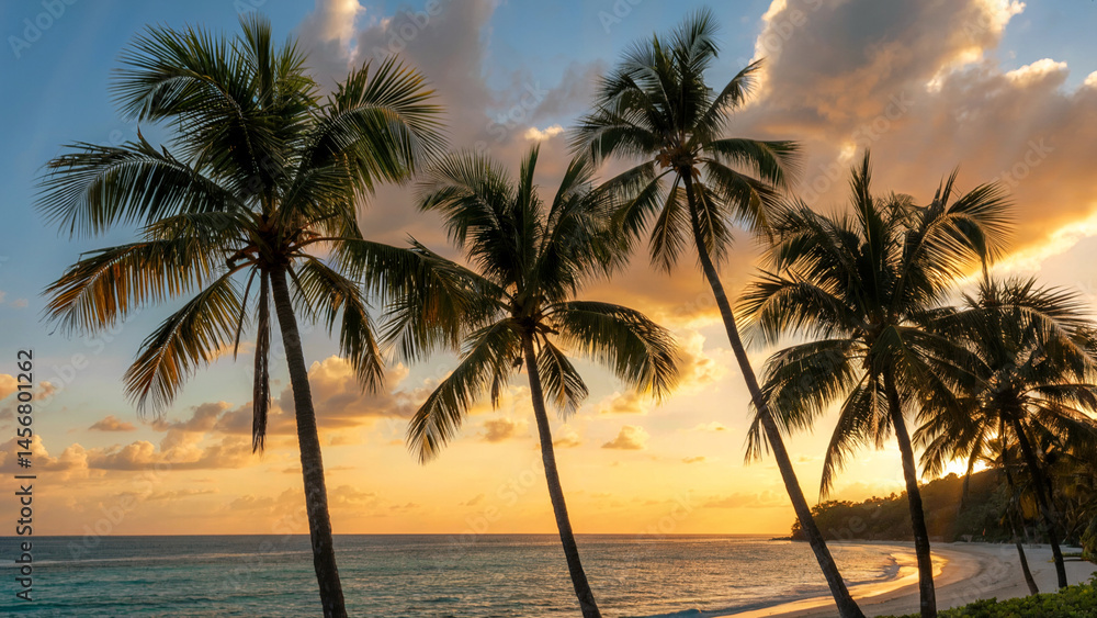 Obraz premium Tropical beach with palm trees silhouetted against a vibrant sunset sky