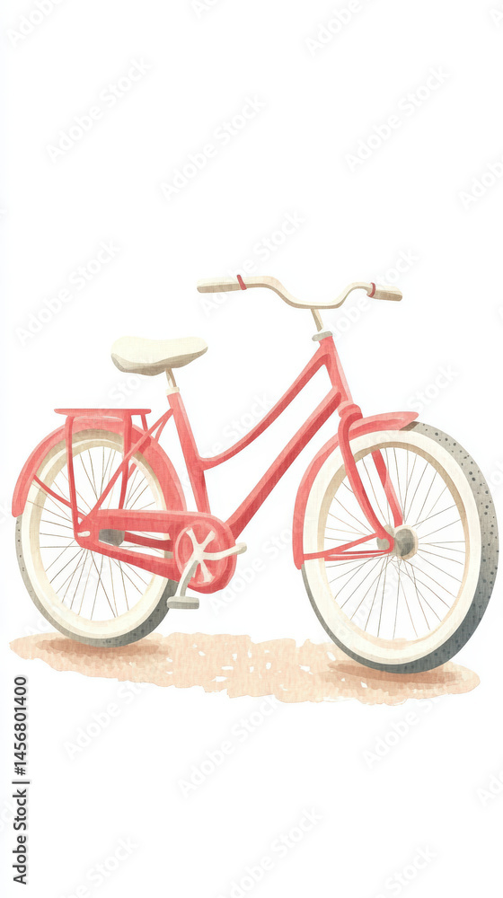 Fototapeta premium Watercolor Illustration Of Pink Bicycle. A charming watercolor depiction of a classic pink bicycle, perfect for conveying themes of leisure and simplicity.