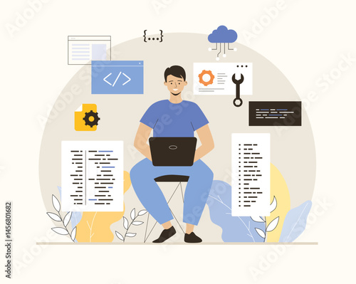 Software development, programming, coding. Man write code, settings and testing, developing programs and applications. Flat vector illustration.	
