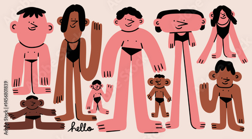 Various abstract People. Cute big, tall, small, short people. Different shapes of bodies, legs, heads. Cartoon style characters. Hand drawn trendy Vector illustration. Isolated design elements