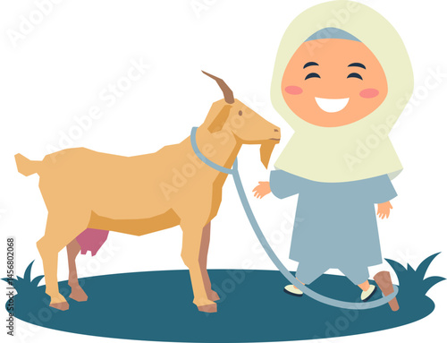 A happy cartoon girl in a hijab holding a leash attached to a brown goat with an udder on green grass.