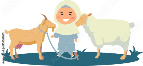 A happy Muslim child in hijab with a goat on a leash and a sheep, celebrating Eid al-Adha.