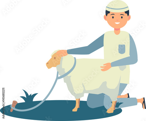 A young Muslim man kneeling on grass and gently petting a sheep with a rope tied to a peg, symbolizing Eid al-Adha.